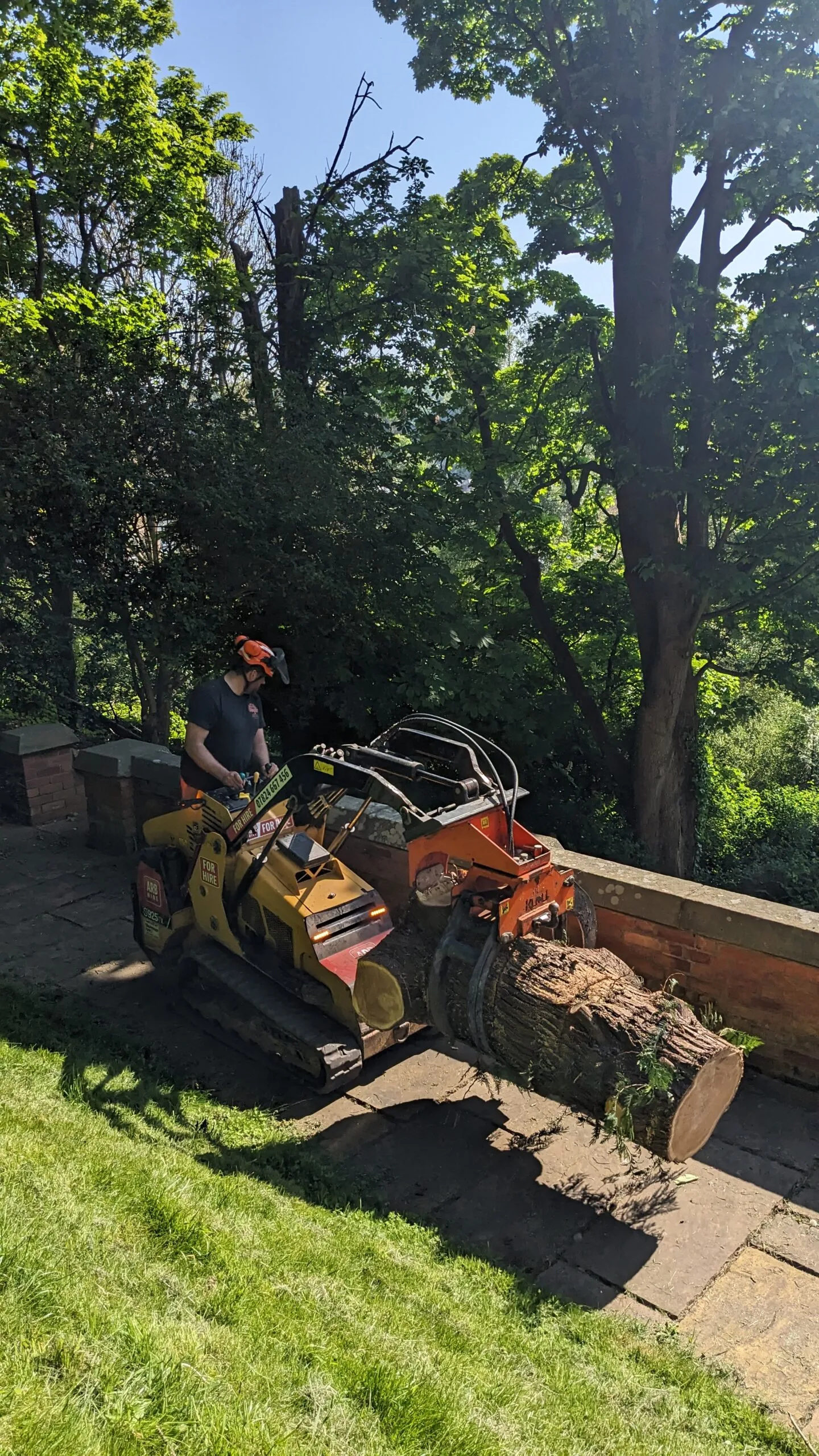 Specialist tracked loader moving a large tree trunk during professional tree removal in the North East
